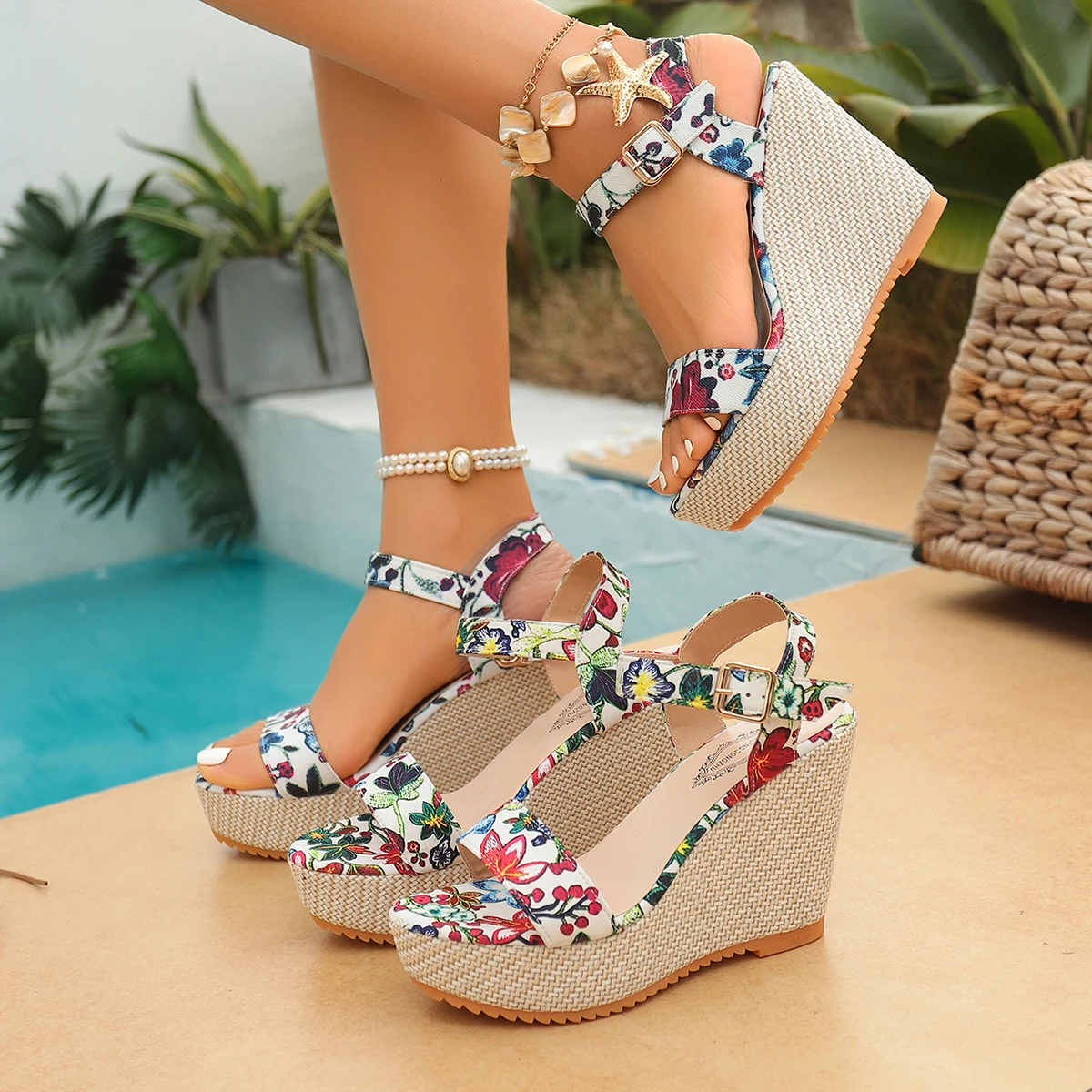 

Women Wedge Rhinestone Sandals Summer New Round Toe Open Toe Shoes Bow Soft Sole Non-Slip High Heels Sandals Zapatos De Mujer
