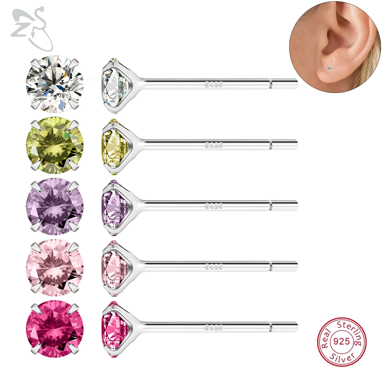 

ZS 1PC 20G 925 Silver Stud Earring Pink Crystal Ear Stud for Women Girl Cartilage Earrings Conch Helix Piercing 3/4MM Jewelry