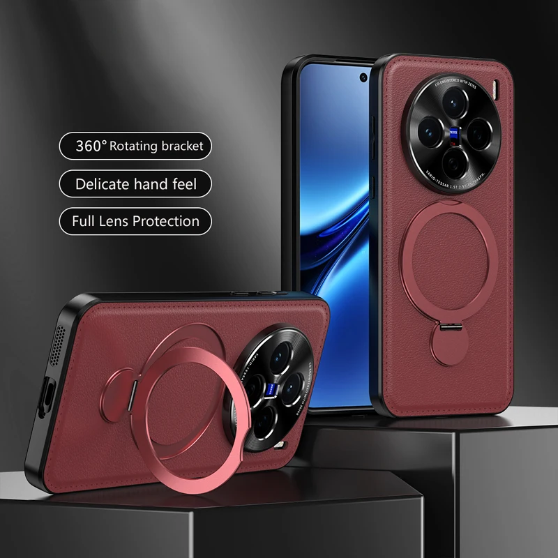 

Leather Cover Phone Case For vivo X200T X100 Ultra X300 Pro Wireless Charging Magnetic Metal Bracket Protect Soft Silicone Cases