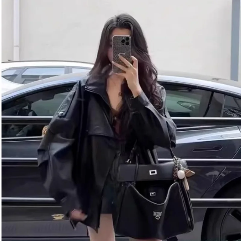 Kurtka damska w stylu koreańskim, czarna, retro, motocyklowa, z kołnierzem, ze skóry PU, nowa kolekcja jesień-zima 2025, odzież damska.