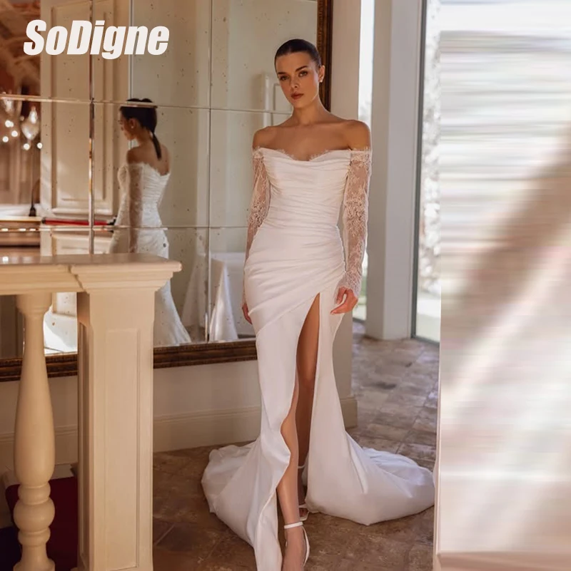 

﻿ SoDigne Mermaid Off Shoulder Wedding Dresses Long Sleeves Satin/Lace Bridal Dress Bride Gown vestidos de novia Customized