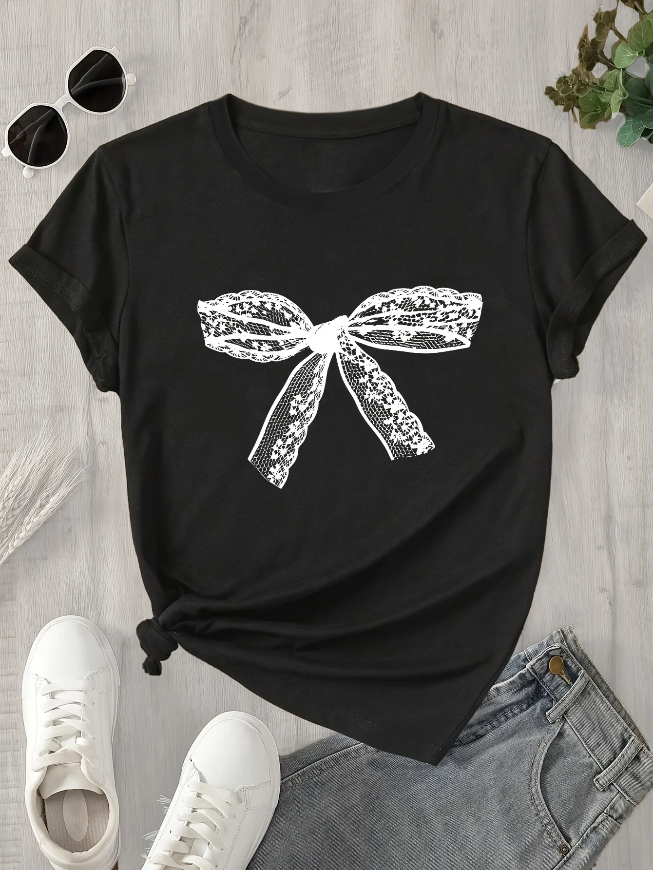 

Women'S Casual T-Shirt with Lace Bow Print Short Harajuku Short Sleeve Casual Clothing Street Tops Tees Aesthetic Clothes