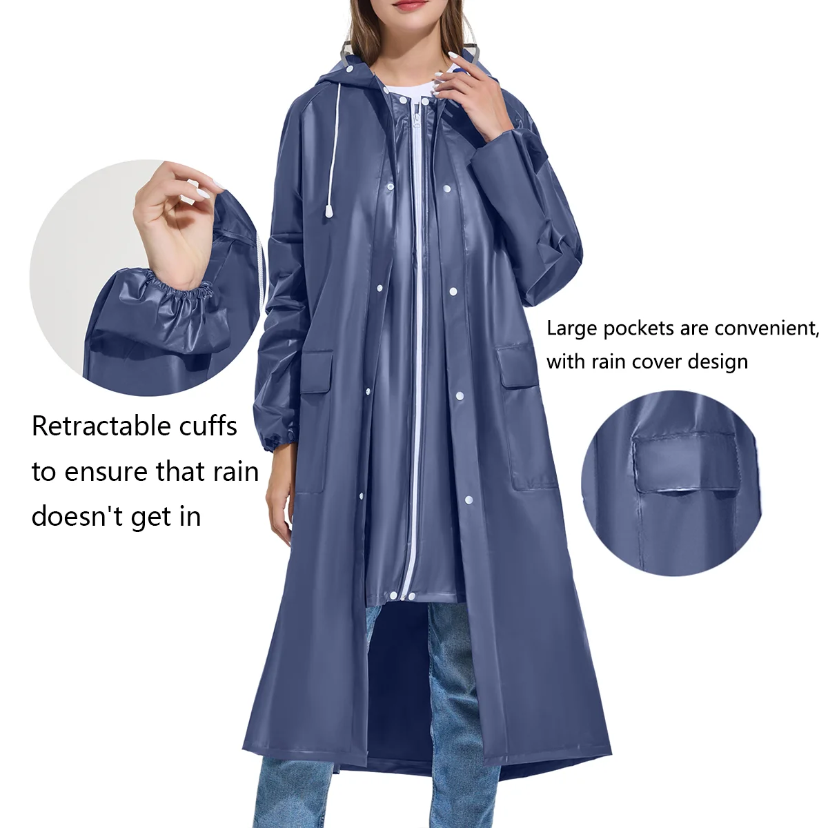 Reflective Stripe Long EVA Raincoat For Women Black Fashion Hooded Thick Waterproof Reusable Rainwear for Outdoor Hiking Travel