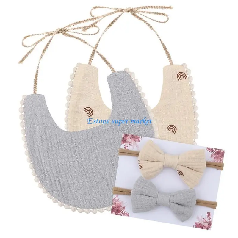 

090B Adjustable Infant Feeding Apron Cotton Saliva Towel with 2 Girl Bowknot Hairband Baby Photography Headwear