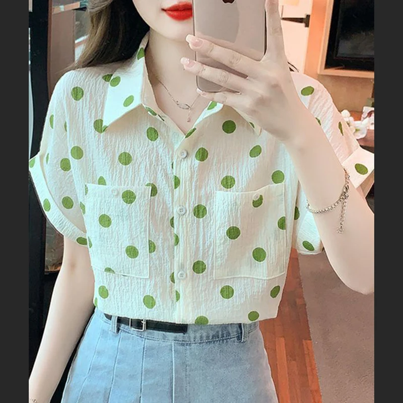 Sweet Printed Pockets Polka Dot Chiffon Shirts Female Clothing 2024 Summer New Loose Casual Tops Korean Short Sleeve Blouses