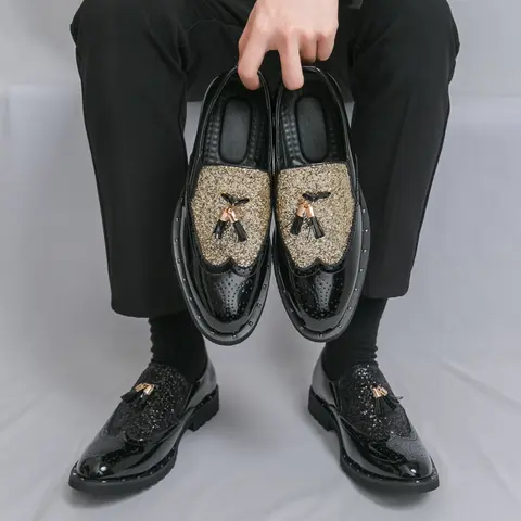 Men's Handmade Glitter Party Loafers, British Retro Fashion with Tassel & Rivet Details, Slip - on Dress Shoes for Trendsetters
