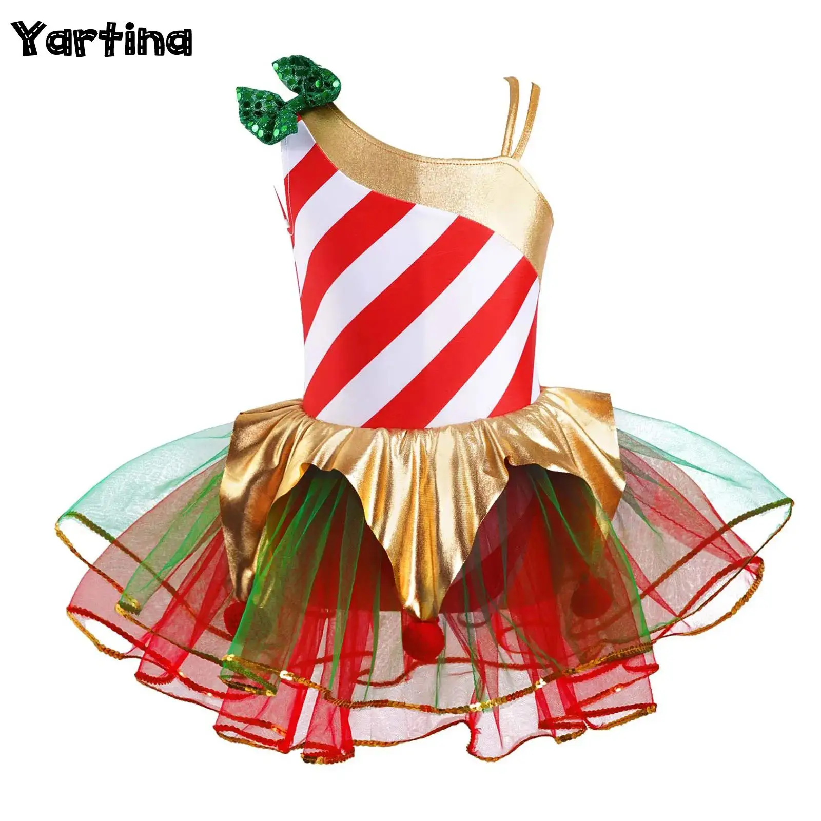 Girls Candy Cane Xmas Elf Christmas Carnival Cosplay Costume Stripes Print Sequins Adorned Mesh Ballet Tutu Dress Bodysuit