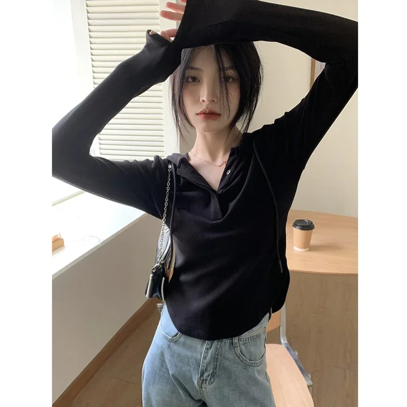 

Black Hooded Long-Sleeved T-shirt Women 'S Autumn 2024 Design Sense Niche Bottoming Shirt Slim Slimming Top Aesthetic Clothes