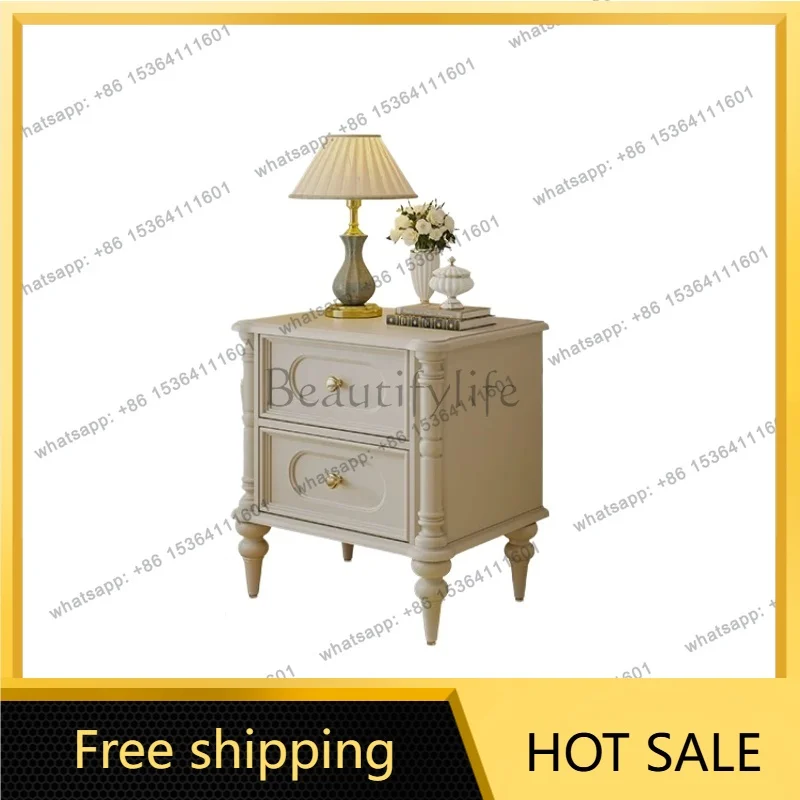 YJ French Cream Style Solid Wood Nightstand White Small Storage Bedside Cabinet Organizer For Home Bedroom Small Space