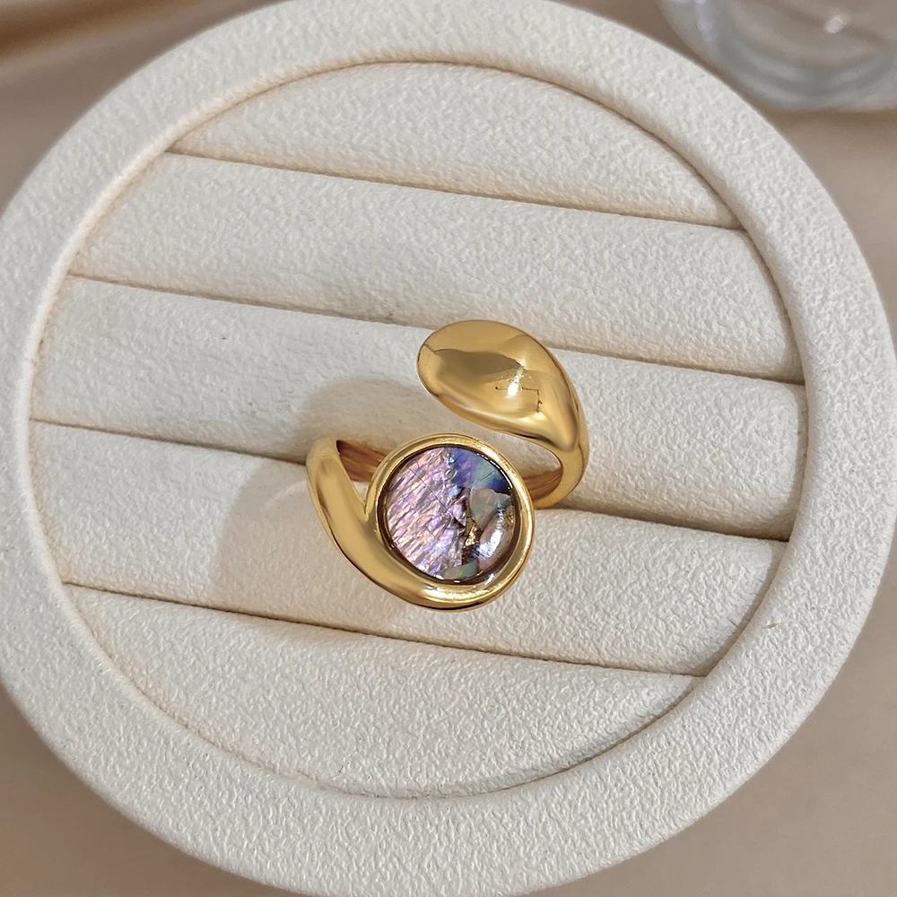 Chic Abalone Shell Geometric Twisted Open Ring for Women Irregular Curved Gold Plated Stainless Steel Finger Rings Party Jewelry - view 3