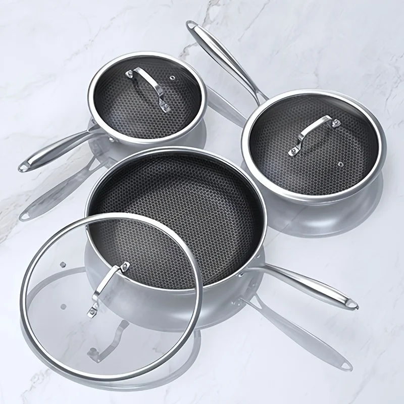 

8, 10, 12 Inch Nonstick Ceramic Frying Pans with Tempered Glass Lid, 6pcs Set Stainless Steel Flat Bottom Frying Pan for Gas