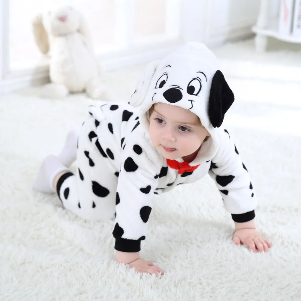 Baby Dalmatiner fleckige Hund Kostüm Kigurumi Cartoon Tier Stram pler Kleinkind Overall Flanell Halloween Kostüm