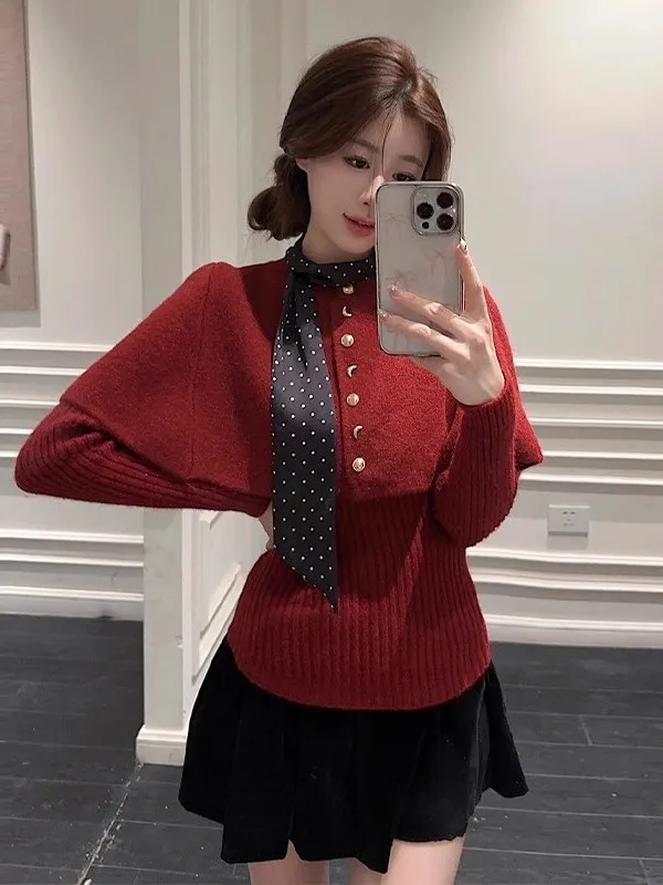 الكورية Sle Cisas موضوع الأحمر عباءة سترة مجموعة المرأة الخريف الشتاء كسول الراقية محبوك بلوزات ومجموعة بوت #3