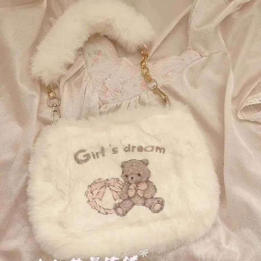 

Bloom Bear Plush White Shoulder Bags Purse Women Haruku Aesthetic Chain Handle Y2k Handbag Ladies Sweet Cute Messenger Bag