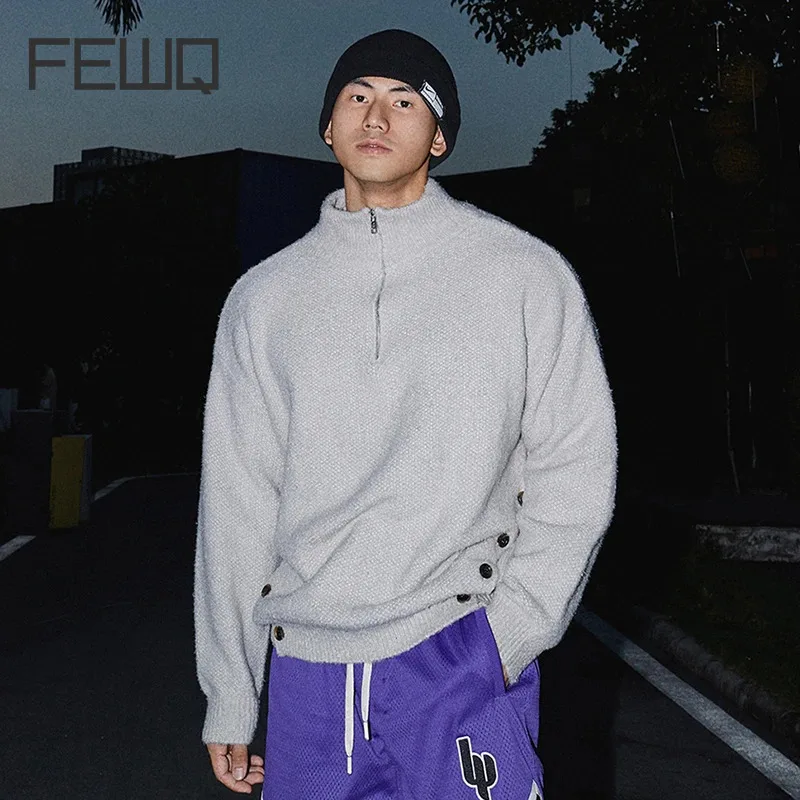 FEWQ Men's Knitted Sweater 2024 Winter New Solid Color Half Height Zipper Tops Button Decoration Design Male Pullovers 24E2459