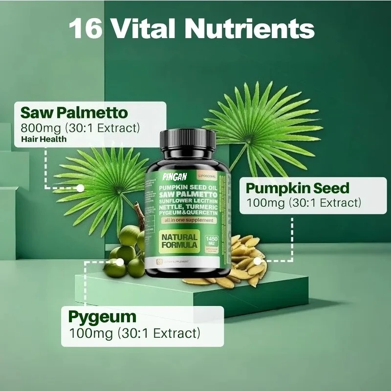 

Saw Palm Capsules Contain 1450mg of Pumpkin Seed Oil, Hibiscus Flower, Sunflower Lecithin, Aloe Vera, Turmeric, and Quercetin