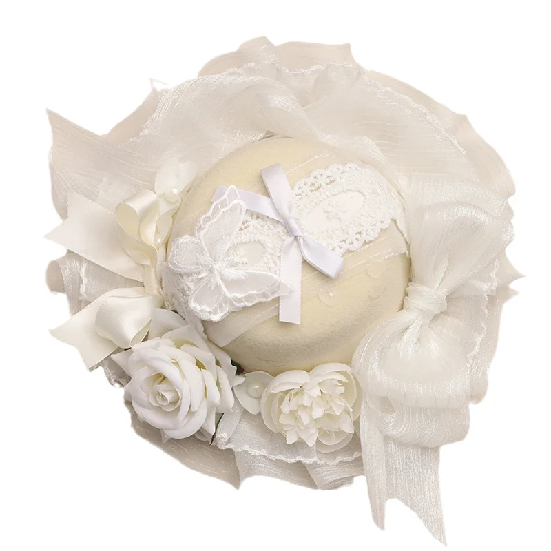 Lolita japoński elegancki cylinder ręcznie robiony róża generacja biały ślub czarny akcesoria Lolita