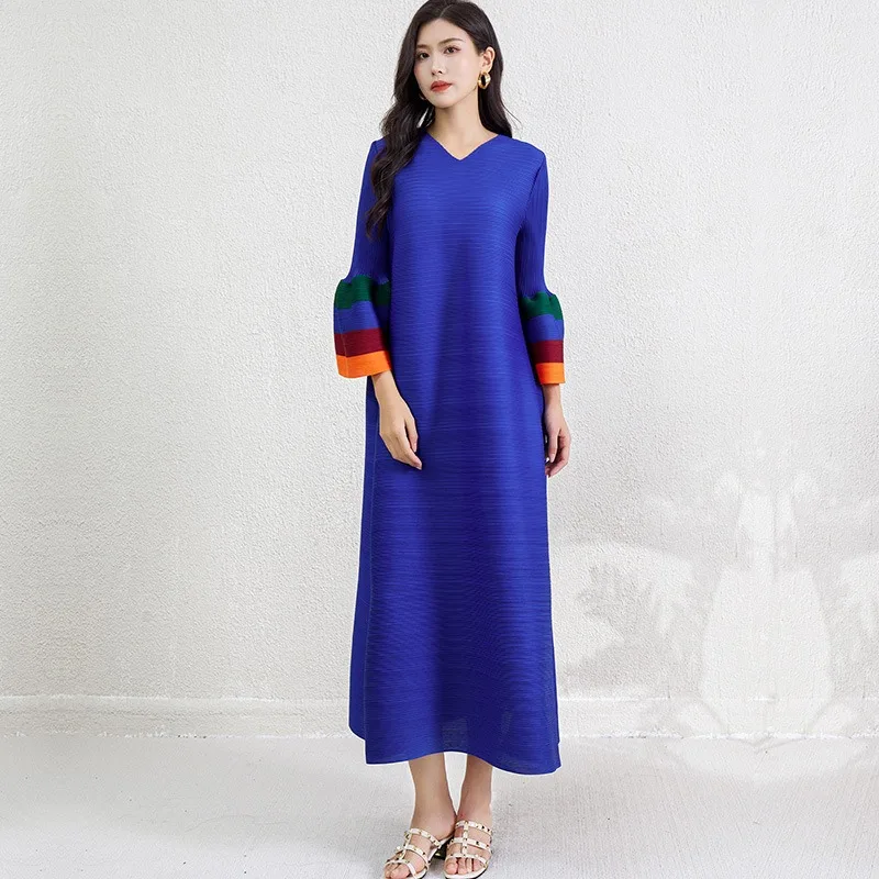 

Miyake women's dress, plus size floral bud sleeves, contrasting colors, fashionable age reducing long dress