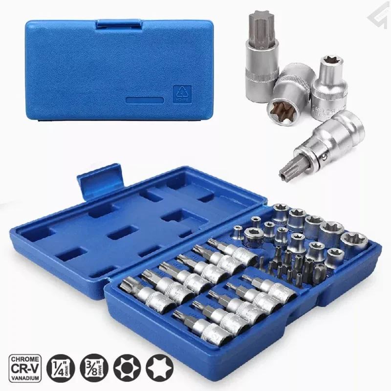 34Pcs Torx Star Sockets & Bit Set Handheld Tool Male / Female E- Security Bits Drive Torque Star Socket with Blue Case