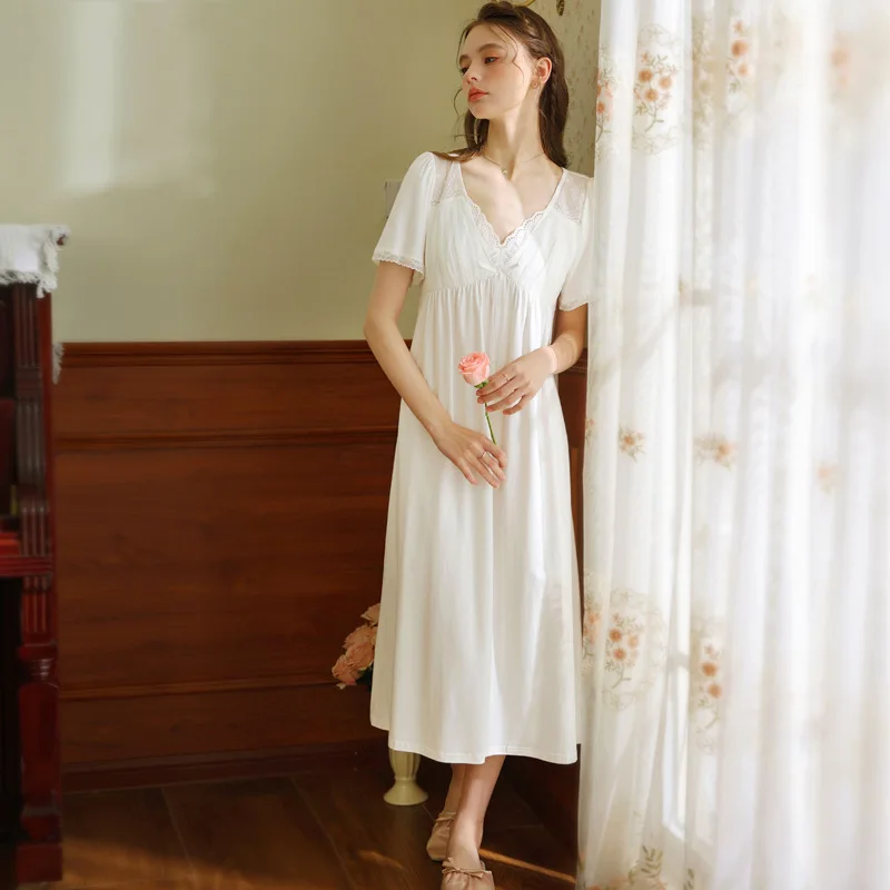 New Retro French Lace Nightdress for Girls Short Sleeve Summer Pajamas with Sweet Princess Style Lightweight Design XL Size Cozy
