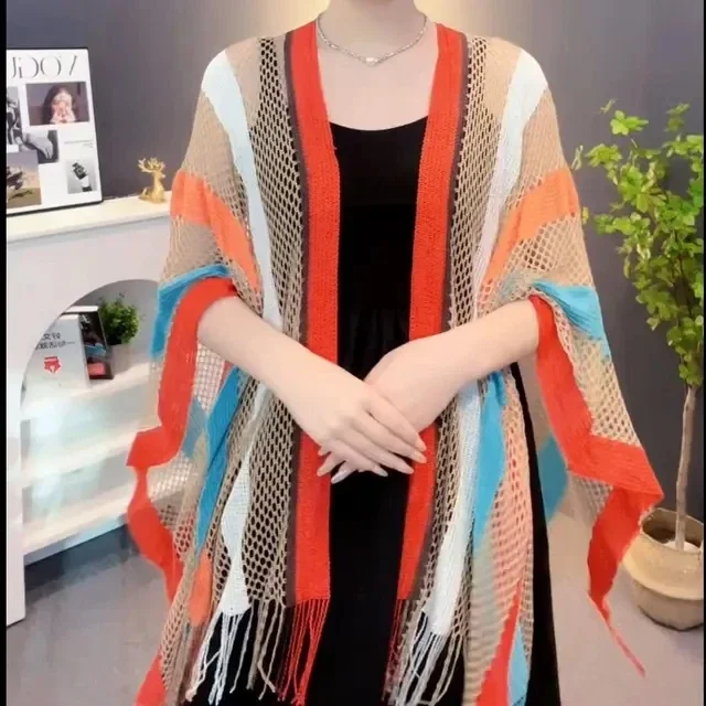 Beach Cape Hollowed Out Knitted Shawl Summer Rainbow Stripe Fashion Travel Jacket Breathable and Versatile Sunscreen Coat Purple