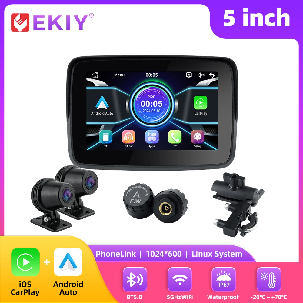 

EKIY 5 Inch Motorcycle Wireless CarPlay Android Auto Screen Motorcycle Navigation Wireless Carplay Motorcycle IP67 Waterproof
