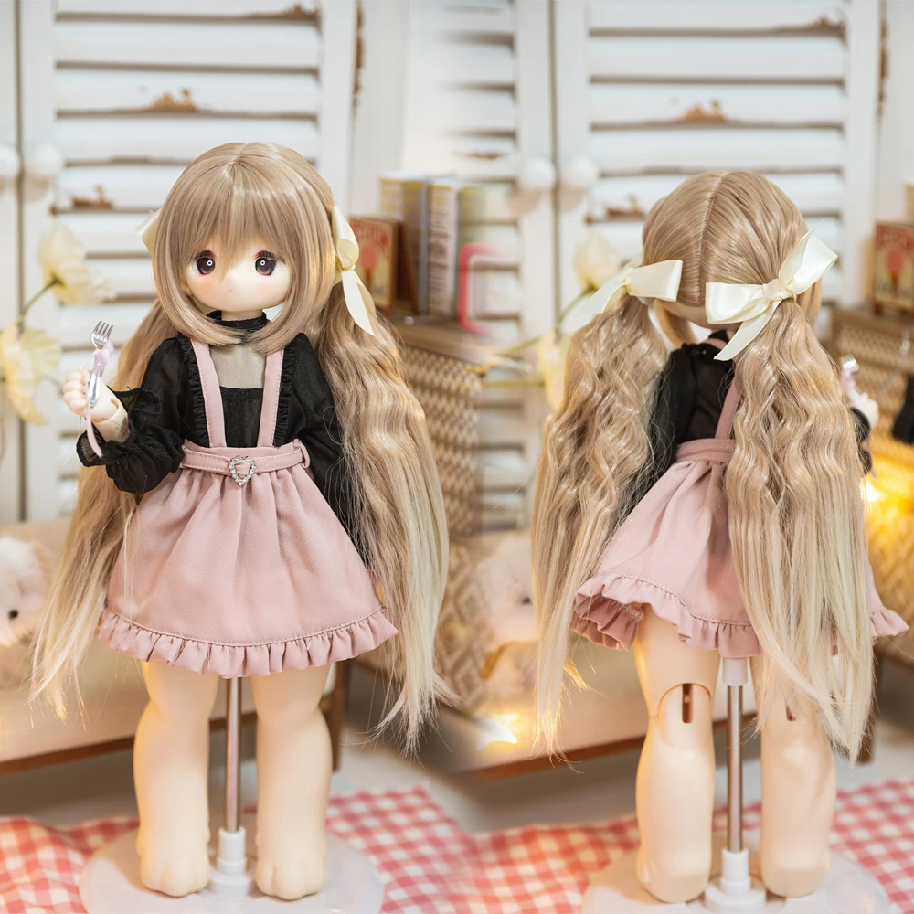 

D08-P029 children handmade toy 1/3 1/4 doll BJD/SD doll's wig light gold gradient bow curled double ponytail 1pcs