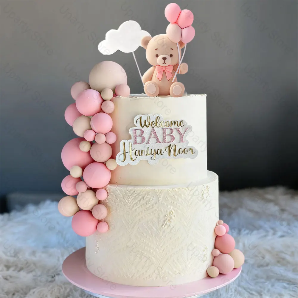 Luftballons Bär Kuchen Topper Erröten Rosa Kugeln Weiße Wolke Bär Halten Luftballons Kuchen Dekoration für Geburtstag Baby Dusche Dekor – Detail 1