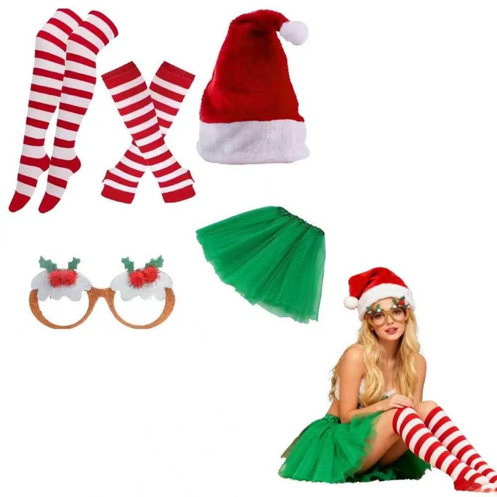 مجموعة إكسسوارات عيد الميلاد من PESENAR قبعة، أحذية، تنورة توتو، جوارب مخططة، نظارات، قلادة جرس جلجل، أجراس المعصم #1