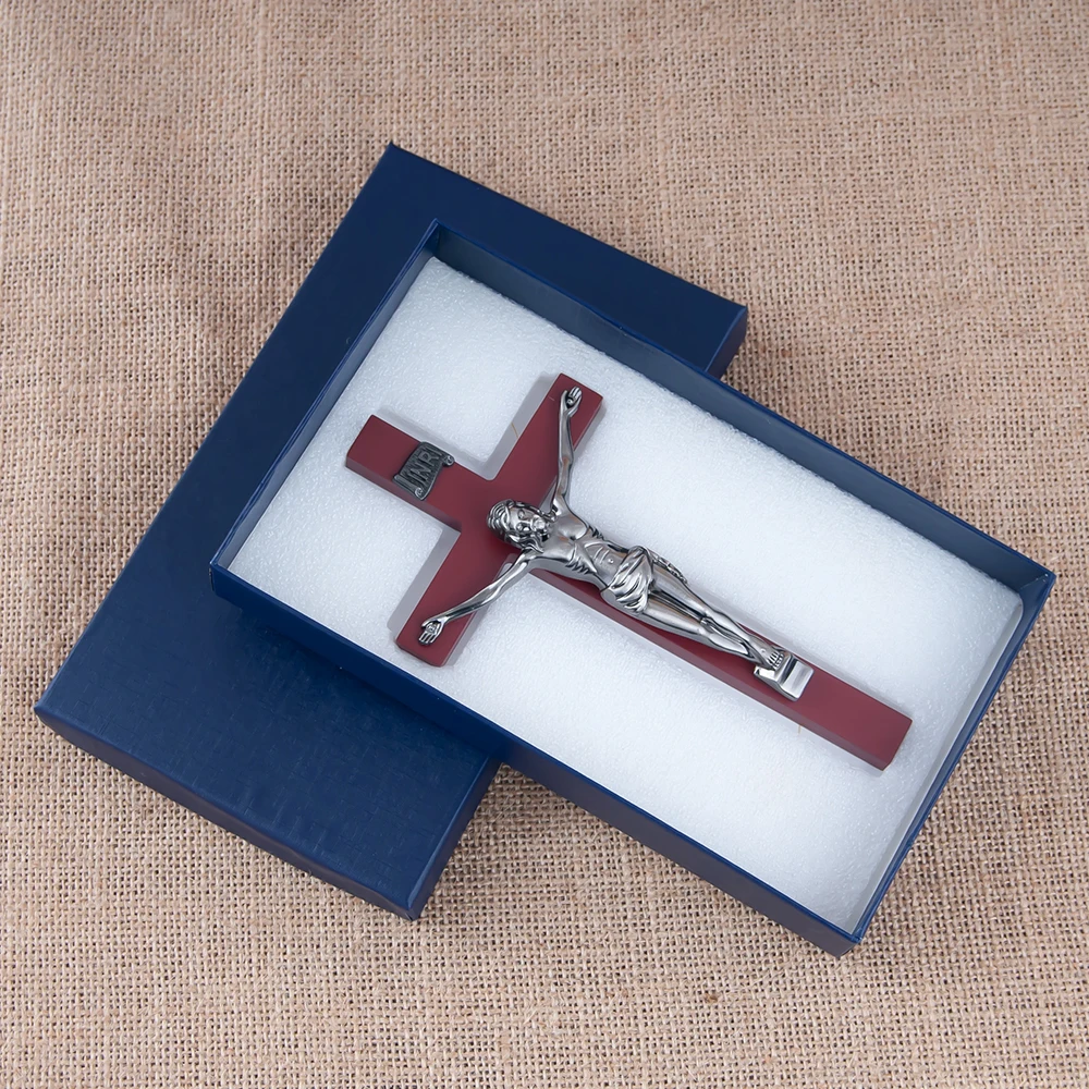 HTISOK Catholic Wooden Cross with Silver Metal Jesus Figure Wall Mounted Religious Crucifix for Home