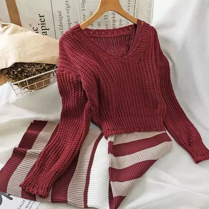 

Korean Fashion Women's Dress Sets Long Sleeve V-Neck Sweater Stripe Sleeveless Dress Two Piece Set