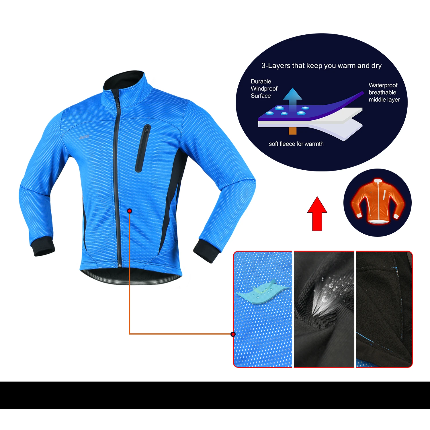 ARSUXEO Cycling Jacket Men Winter Windbreak Hiking Bike Jacket Softshell Thermal Warm Mountain Road Bicycle Clothing Reflective