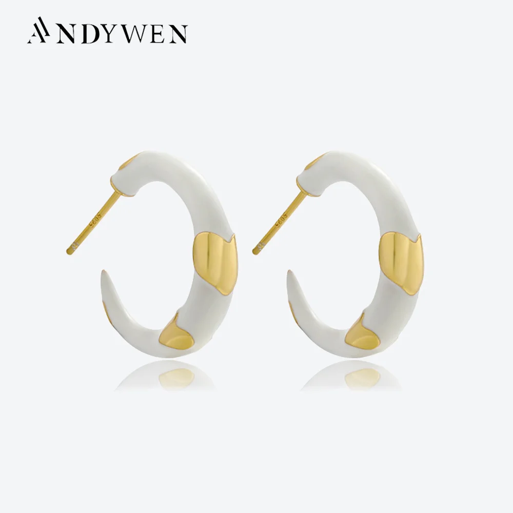 

ANDYWEN 925 Sterling Silver White Blue Enamel Big Thick Hoops Large Loops Circle Women Special Winter Fine Party Jewelry 2023