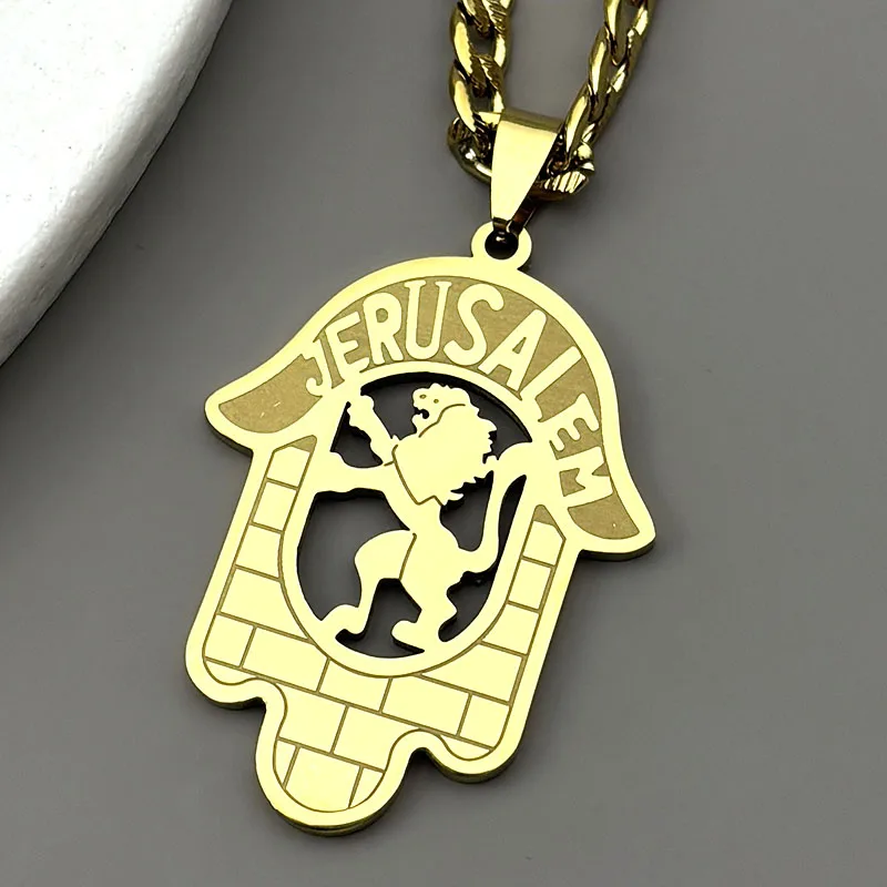 Judaism Jerusalem Jewish Hamsa Hand Stainless Steel Pendant Necklaces for Women Men Gold Color Lion of Judah Amulet Jewelry