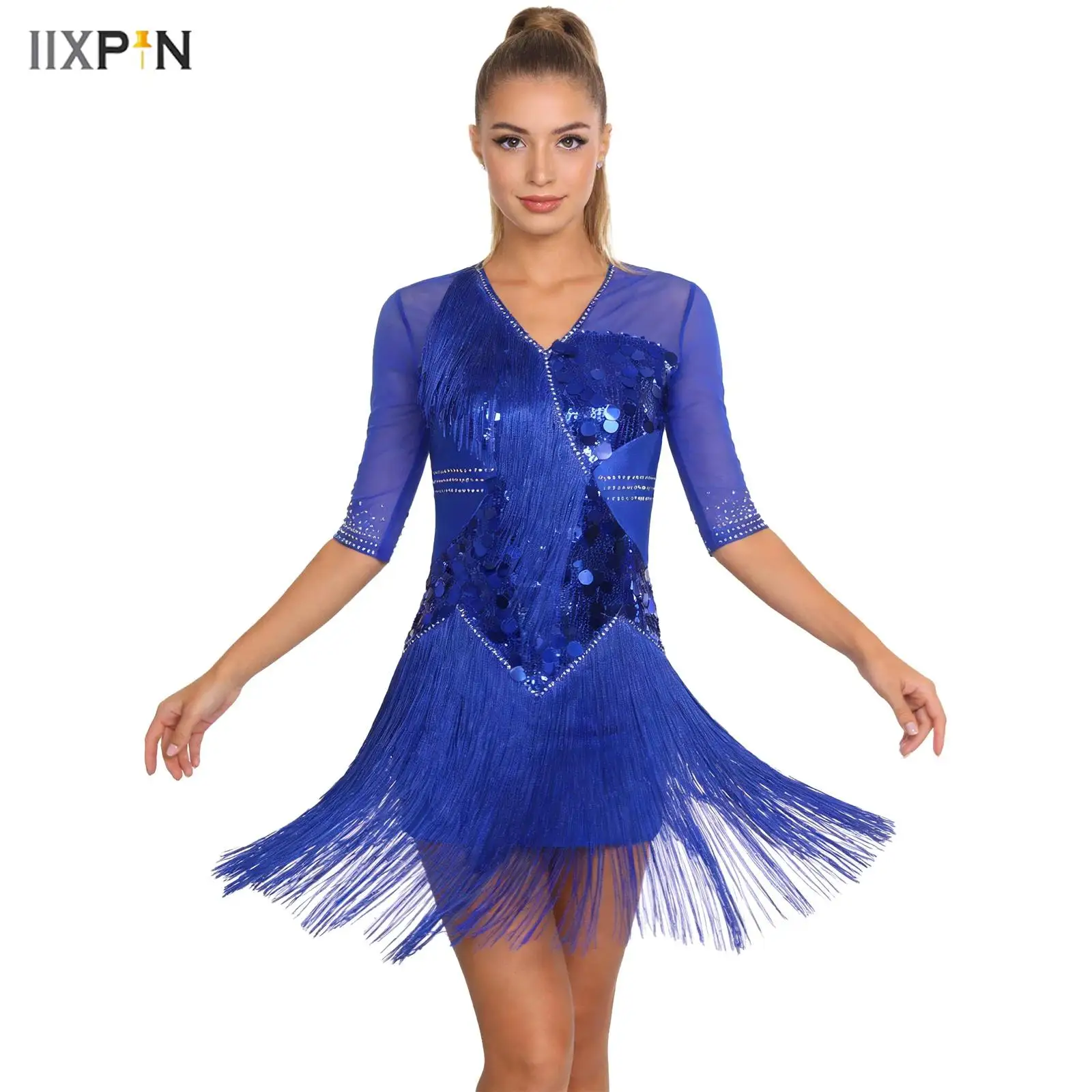 

Womens Latin Cha-cha Dance Dress Glittery Sequin Rhinestone Tiered Tassel V Neck Half Sleeve Dress Tango Salsa Dancewear