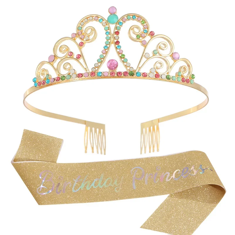 New Purple Birthday Crown Shoulder Strap Set Princess Crystal Crown Bronzing Ceremony Belt Wholesale Girls Accessories Hair Hoop