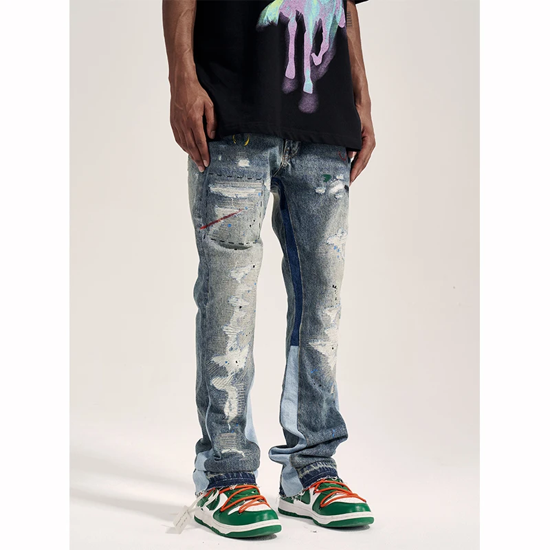 High Street Graffiti Patch Raggedy Patchwork Trend men's Flared Jeans