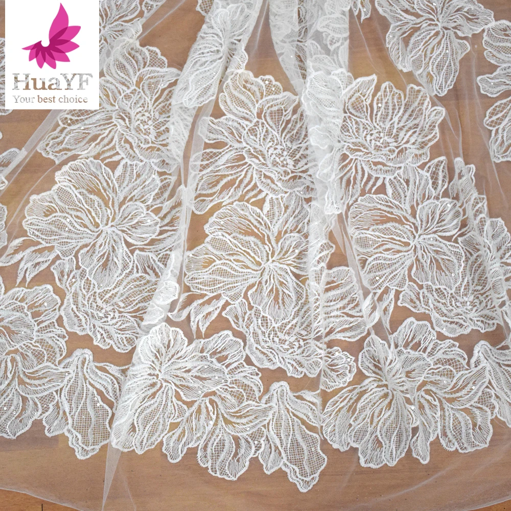 Big Rose Flower High-density Embroidery Beads And Sequins Ivory Lace Fabric For Bridal HY0828