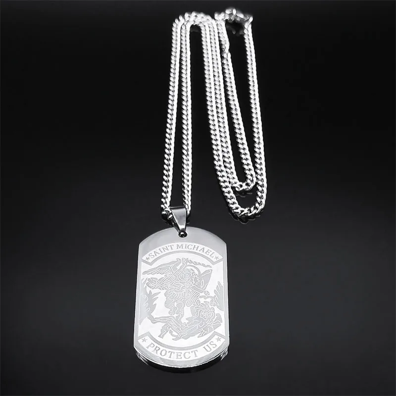 Fashion Stainless Steel Saint Michael Protect Us Necklace for Women Men Dog Tag Archangel Long Necklaces Hip Hop Jewelry N3056S5