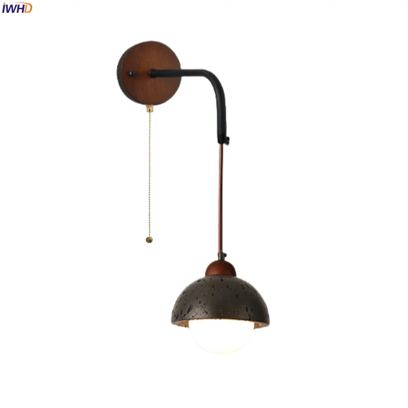 

IWHD Japan Wabi Sabi LED Wall Light For Home Lighting 70CM Wire Adjustable Black Travertine Bathroom Bedside Lamps Aplique Pared