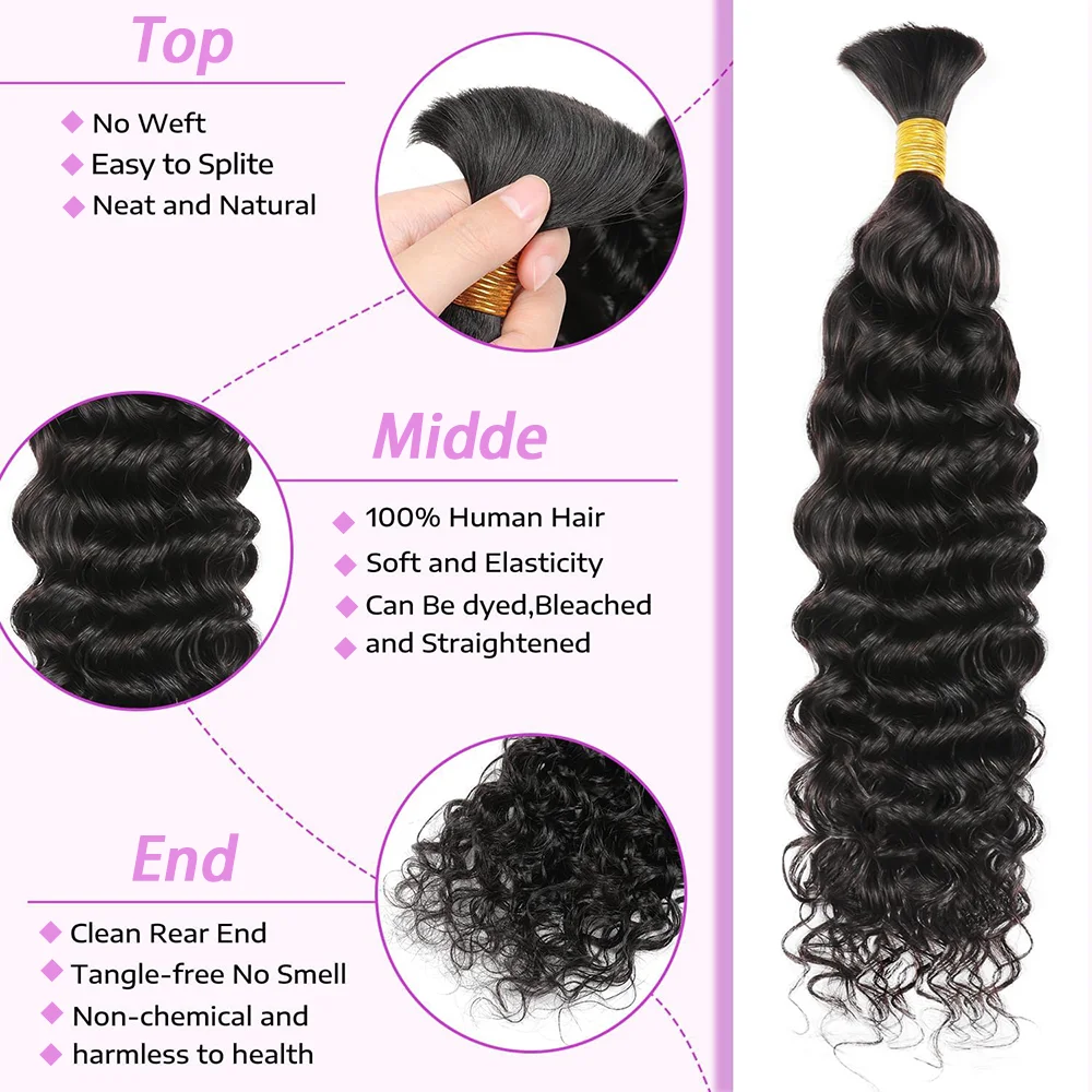 Extensões profundas do cabelo humano da onda, cabelo humano real de 100%, nenhuma trama, cor preta natural, volume, 16-26 polegadas