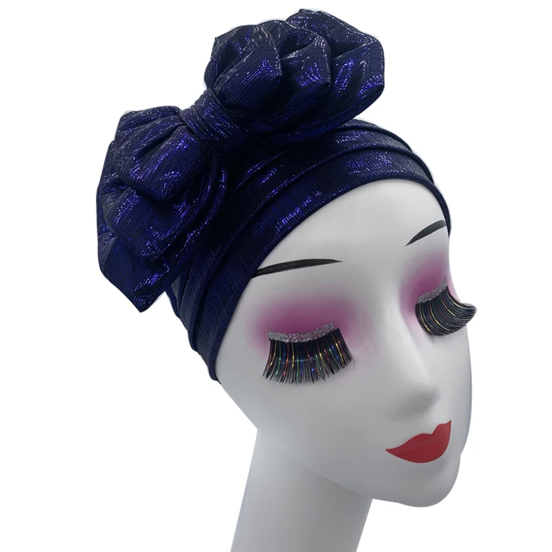 Shinning Multi-schicht Bowknot Turban Kappe für Frau Mode Afrikanische Headtie Nigeria Hochzeit Turbane Hut Muslim Headwrap Motorhaube – Detail 6