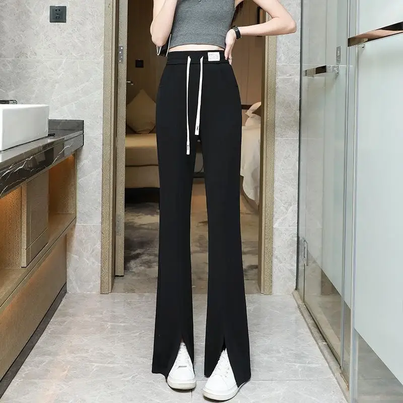 Ice Silk Split Women's Summer 2024 New Spliced Elasticized High-waisted Pocket Drawstring Fashion Solid Slim Casual Flare Pants