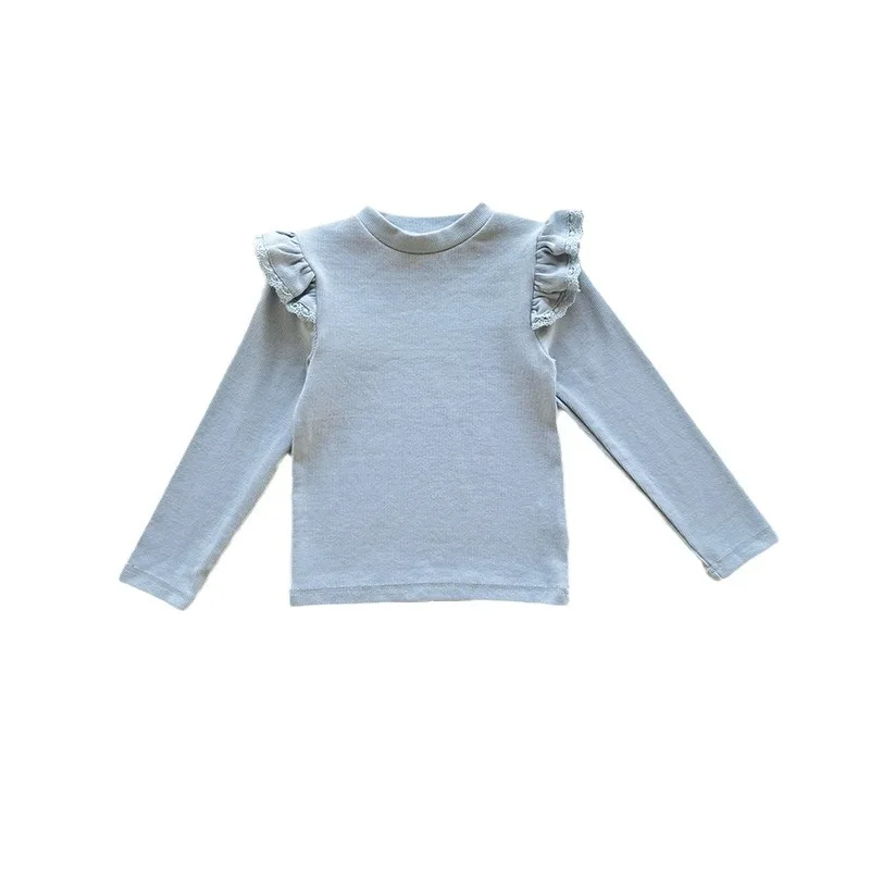 Korean Spring Autumn Children Girls Tees Soft Solid 2-8Y Girls Cotton Undershirt Lace Fly Long Sleeve Sweet Kids Babys Girl Tops