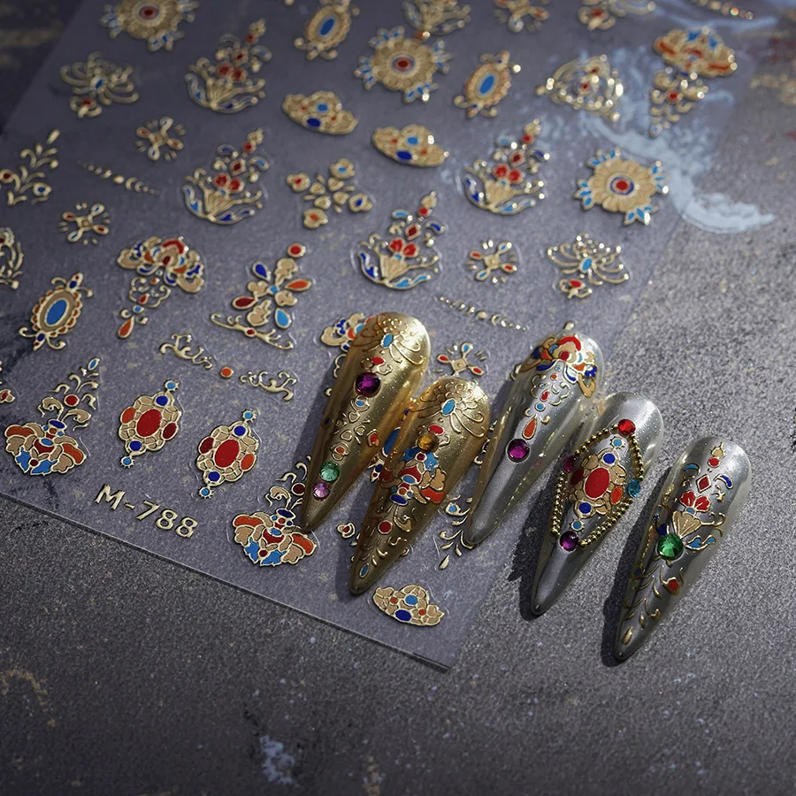 Goldprägung Blume Vintage Blumenmuster Totem chinesischen Stil 5D Retro Nail Art Aufkleber geprägt selbstklebend Maniküre Aufkleber
