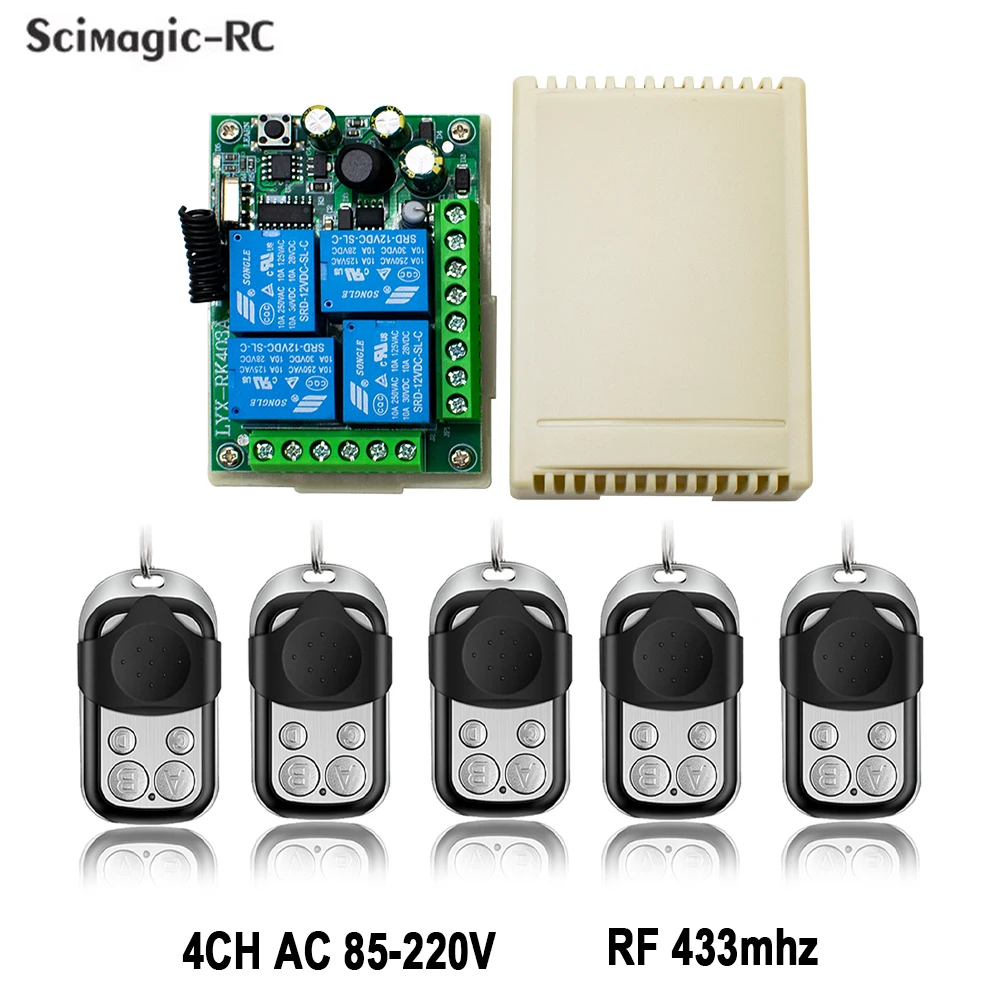 

433MHz Universal Remote Control Receiver Transmitter AC 85-250V 110V 220V 4CH Relay Switch for Light,Door,Garage