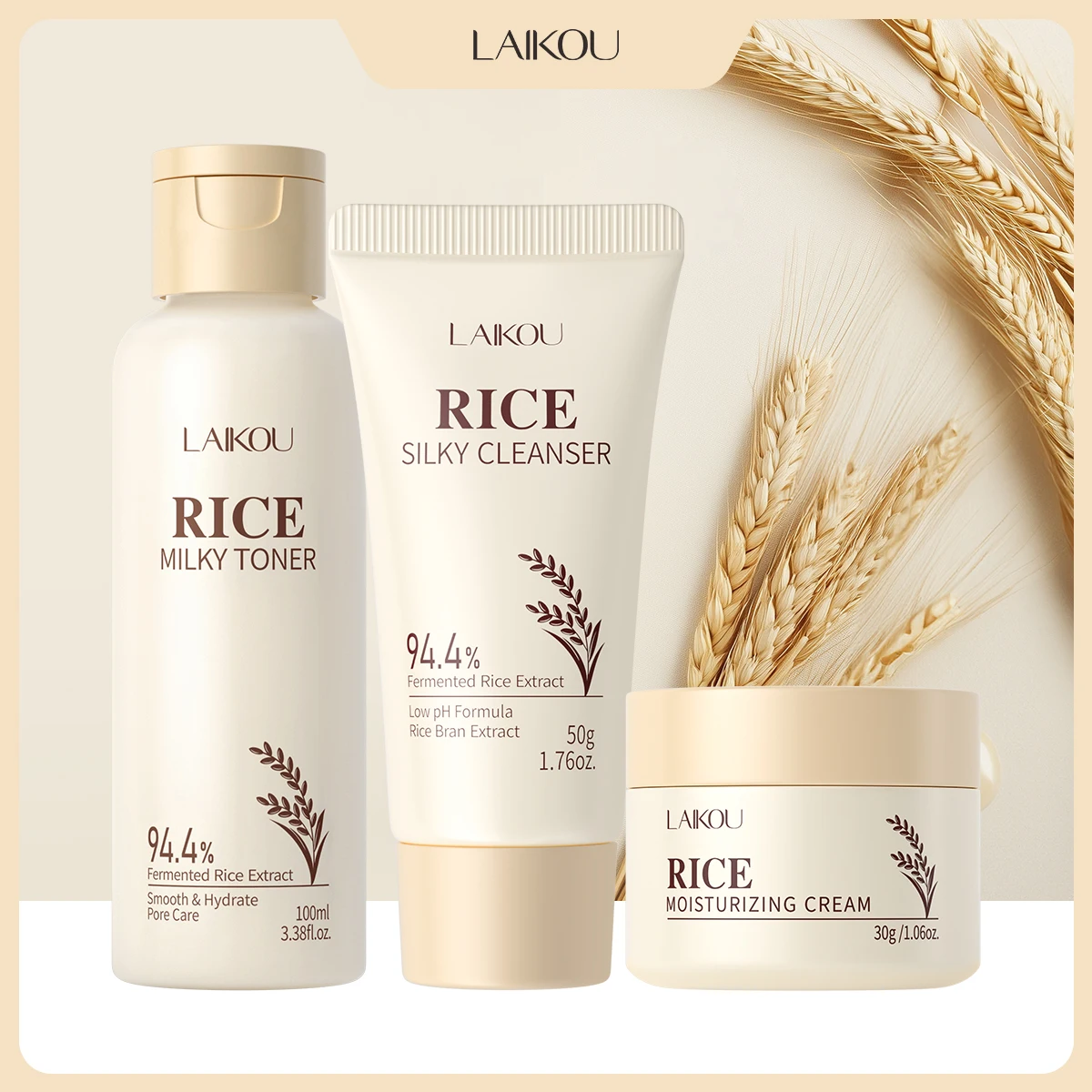LAIKOU 3Pcs Rice Hydrating Skin Care Set Silk Cleanser Milky Toner Moisturizing Cream Complete Facial Kit