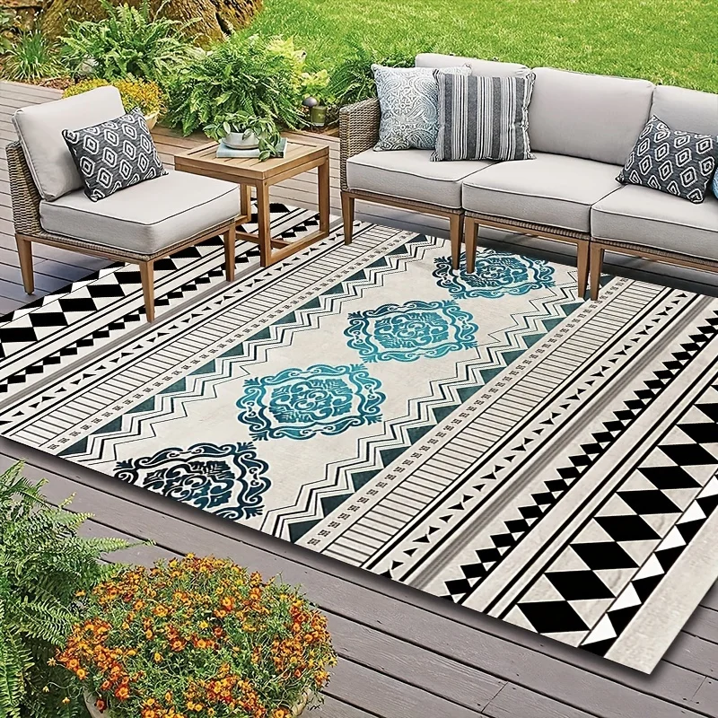 VIKAMA Boho Moroccan Geometric Outdoor Area Rug Water Resistant Non Slip Washable Patio Deck Backyard Home Decor Floor Mat