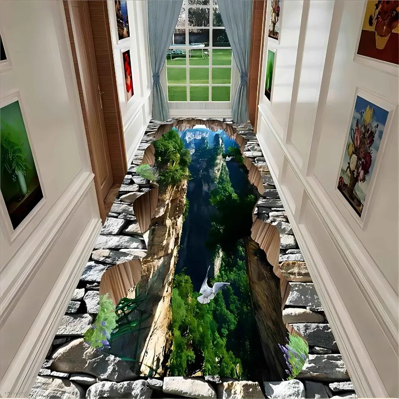 3D Optical Illusion Runner Rug Canyon River Green Vegetation Print Long Carpets for Hallway Bedroom Living Room Entryway Carpet