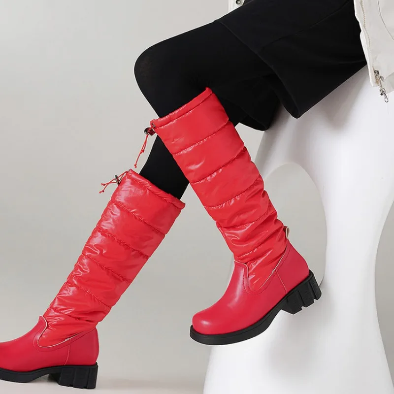 Women Fur Waterproof Winter Long Knee High Boots Women Chunky Round Toe Snow Boots Keep Warm Plush Thick Down and Cotton Shoes